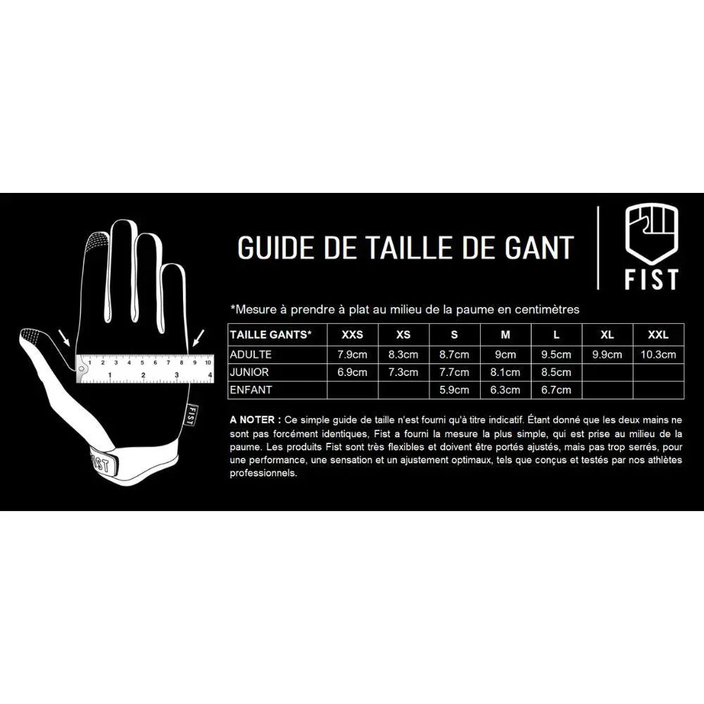 Guide de taille pour gants BMX Fist, mesures en cm pour adultes, juniors et enfants, ajustement flexible