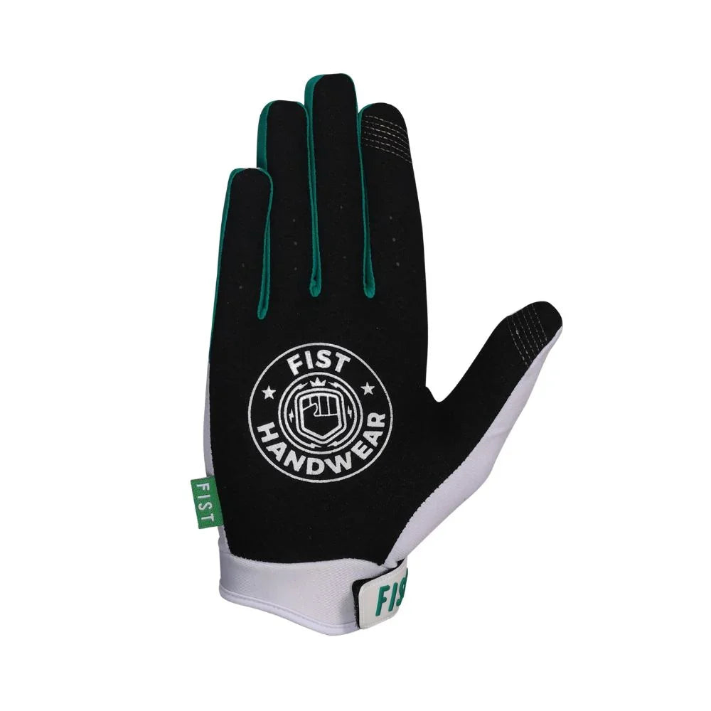 Gants BMX noirs et verts avec logo Fist Handwear, manchettes blanches, design sportif pour vélo tout terrain