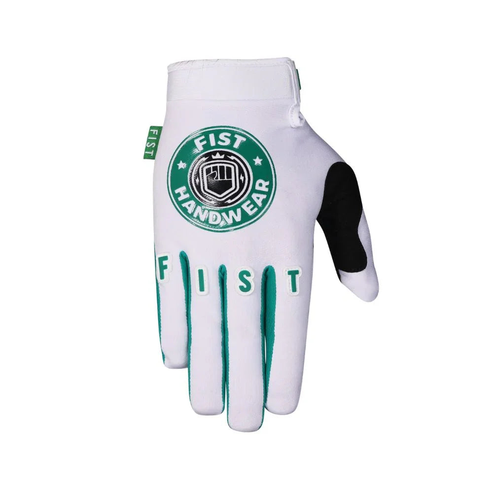 Gant de BMX blanc et vert avec logo FIST Handwear, design sportif pour cyclisme et freestyle