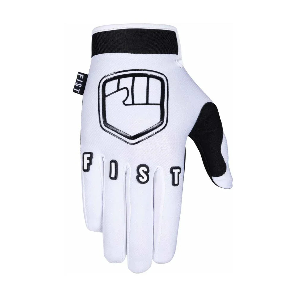 Gant de BMX blanc avec logo poing et lettres FIST, protection doigts, manchette noire