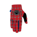 Gants de BMX rouges avec motif araignée et logo FIST, design hexagonal et renfort noir