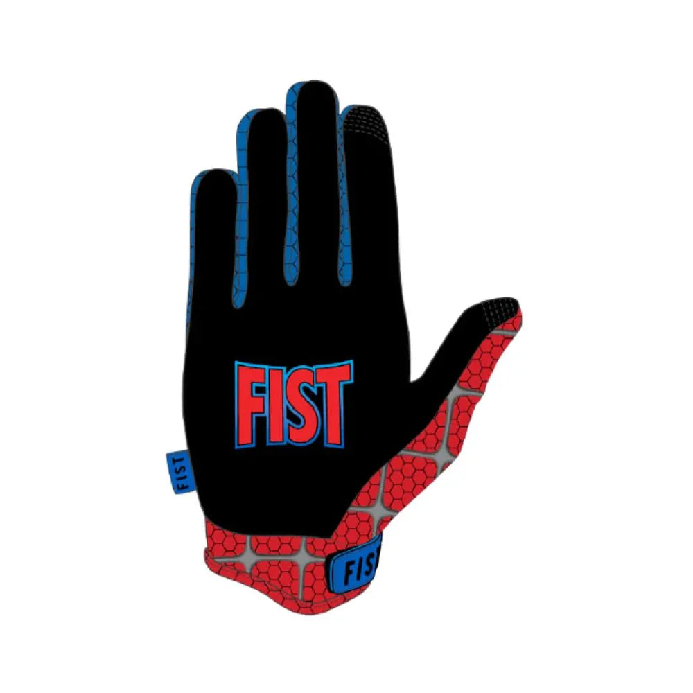 Gant BMX noir avec logo FIST rouge et bleu, design hexagonal rouge sur paume