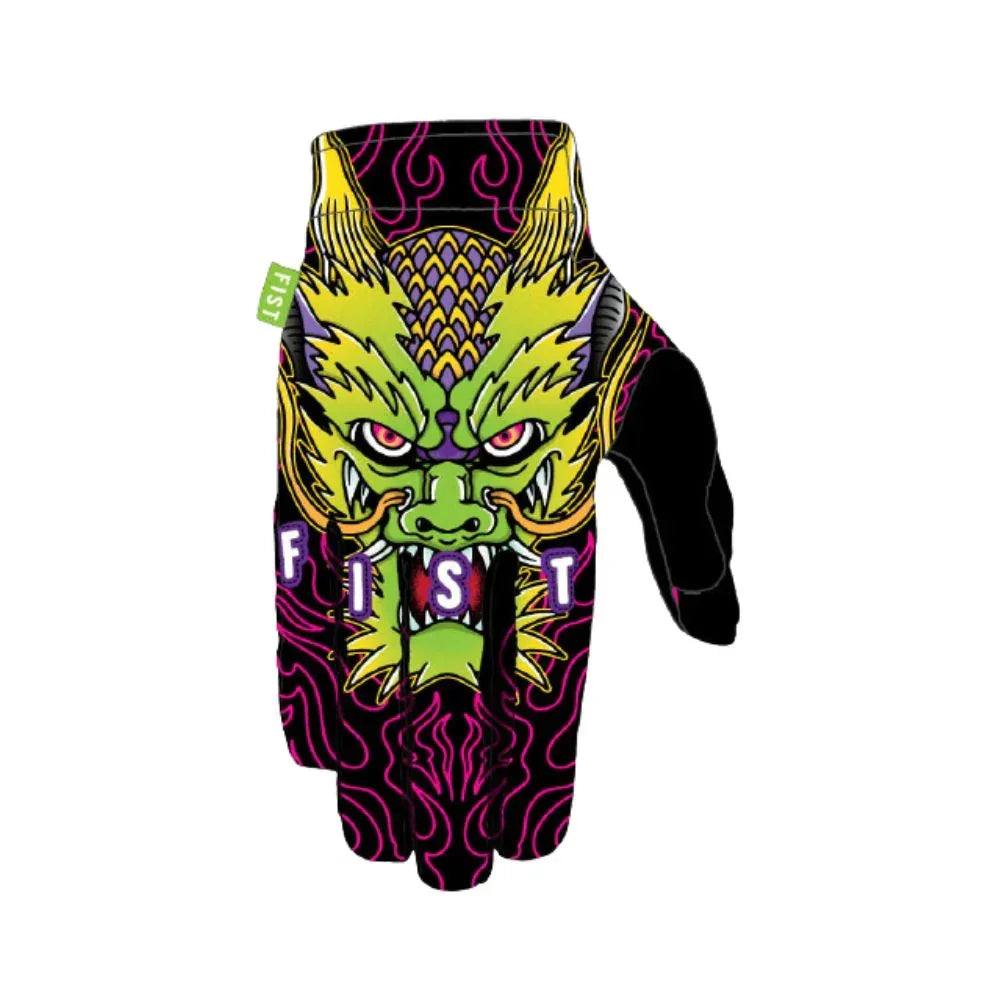 Gant de BMX avec dragon vert et motif FIST, design néon pour vélo tout terrain