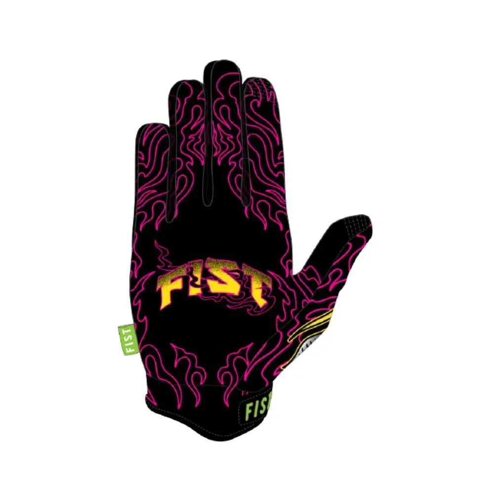Gant de BMX noir avec motifs roses et logo FIST jaune