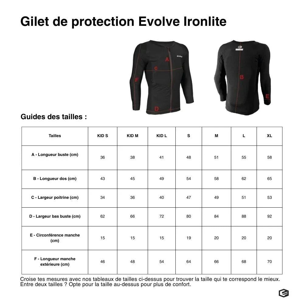 Gilet de protection Evolve Ironlite pour BMX, guide des tailles avec mesures détaillées pour enfants et adultes