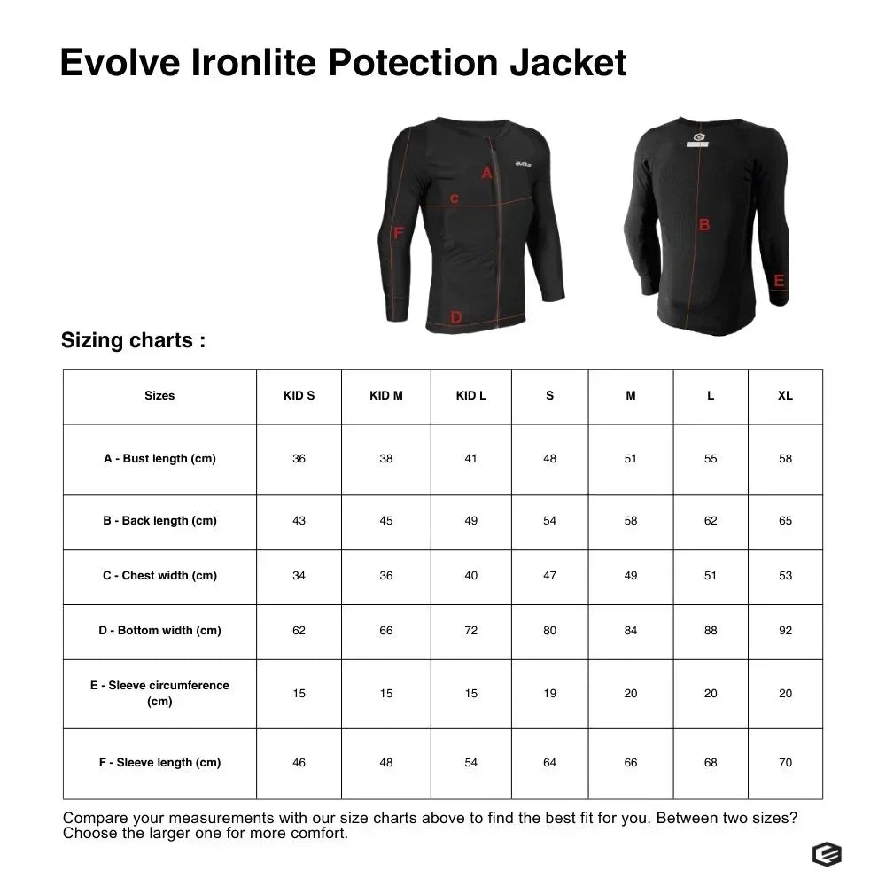 Tableau de mesures Evolve Ironlite Protection Jacket, veste de protection BMX avec tailles pour enfants et adultes