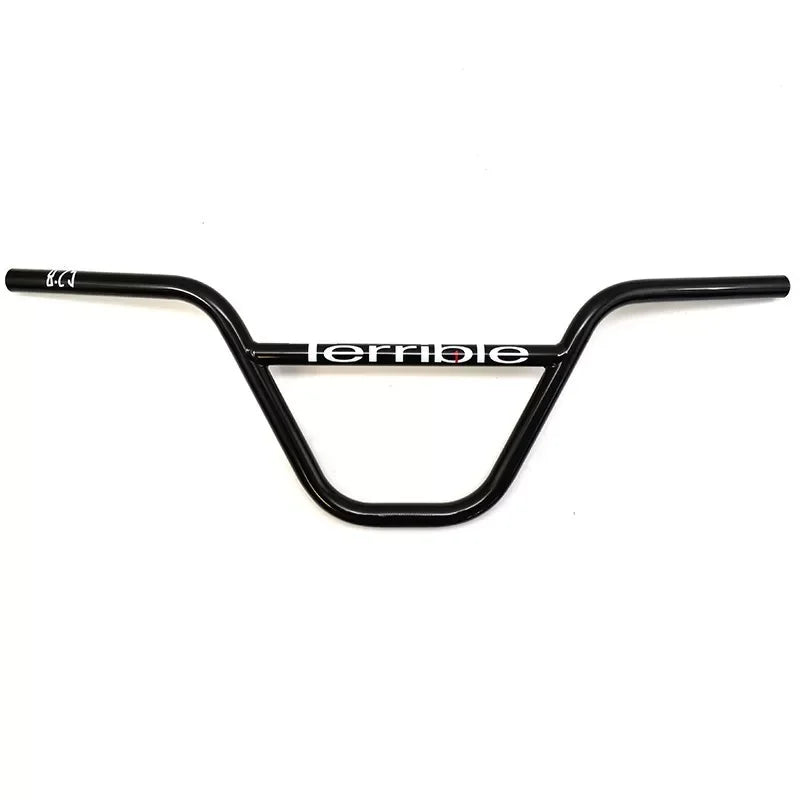 Gloss black BMX handlebar with white logo, classic style for freestyle bikes