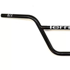 Gloss black BMX handlebar with white graphics on a white background