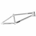 Chrome BMX bike frame with angular tubing and engraved logo, isolated on white background