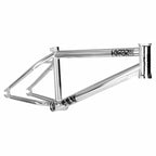 Chrome BMX bike frame with black graphics, isolated on white background
