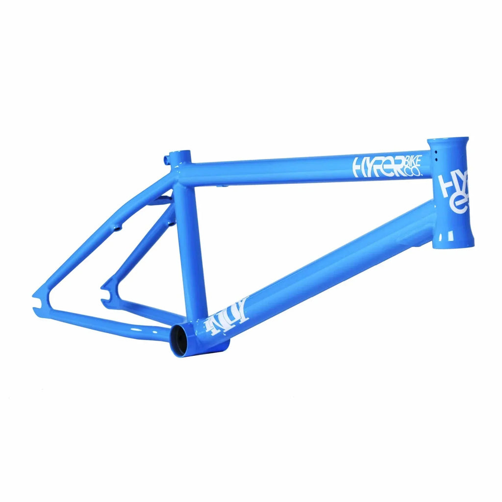 Sky blue BMX bike frame with white graphics on a white background