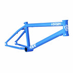 Sky blue BMX bike frame with white graphics on a white background