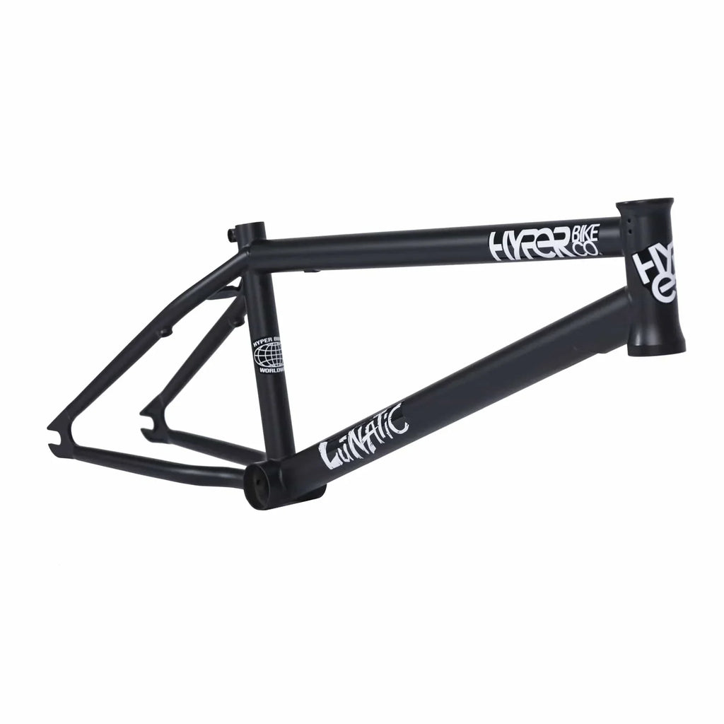 Matte black BMX bike frame with white graphics and Lunatic signature details