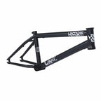 Matte black BMX bike frame with white graphics and Lunatic signature details