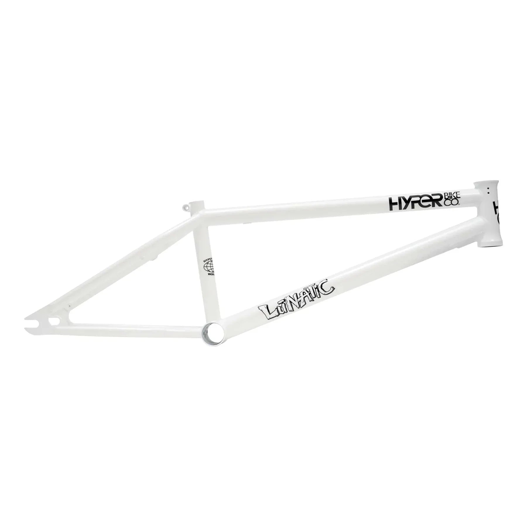 White BMX bike frame with Lunatic and Hyper Bike Co graphics on a plain background