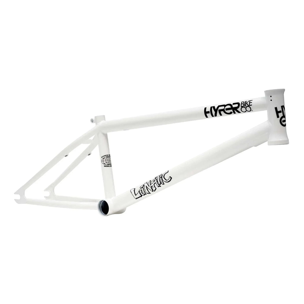 White Hyper Lunatic signature BMX bike frame with black graphics on a white background