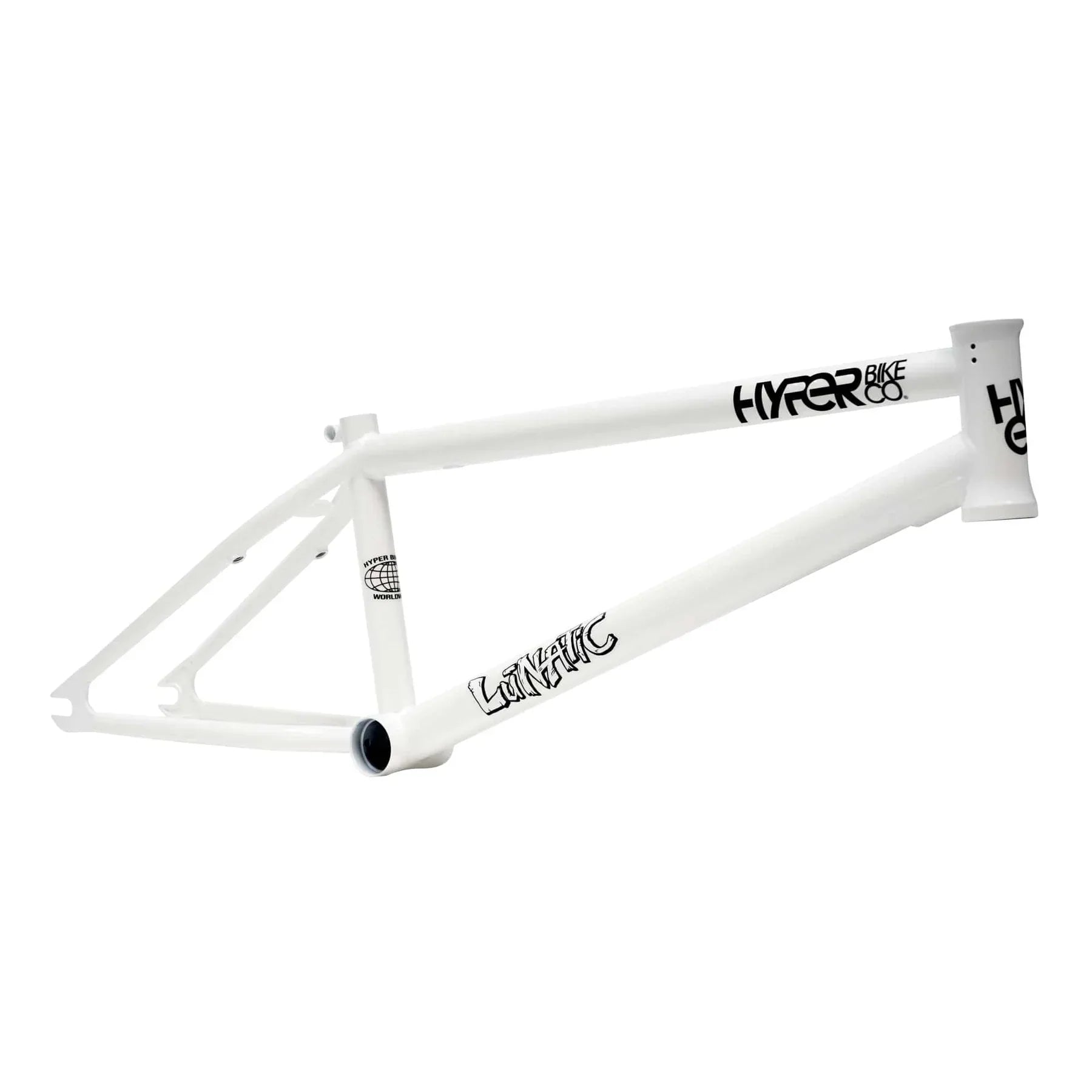 White Hyper Lunatic signature BMX bike frame with black graphics on a white background