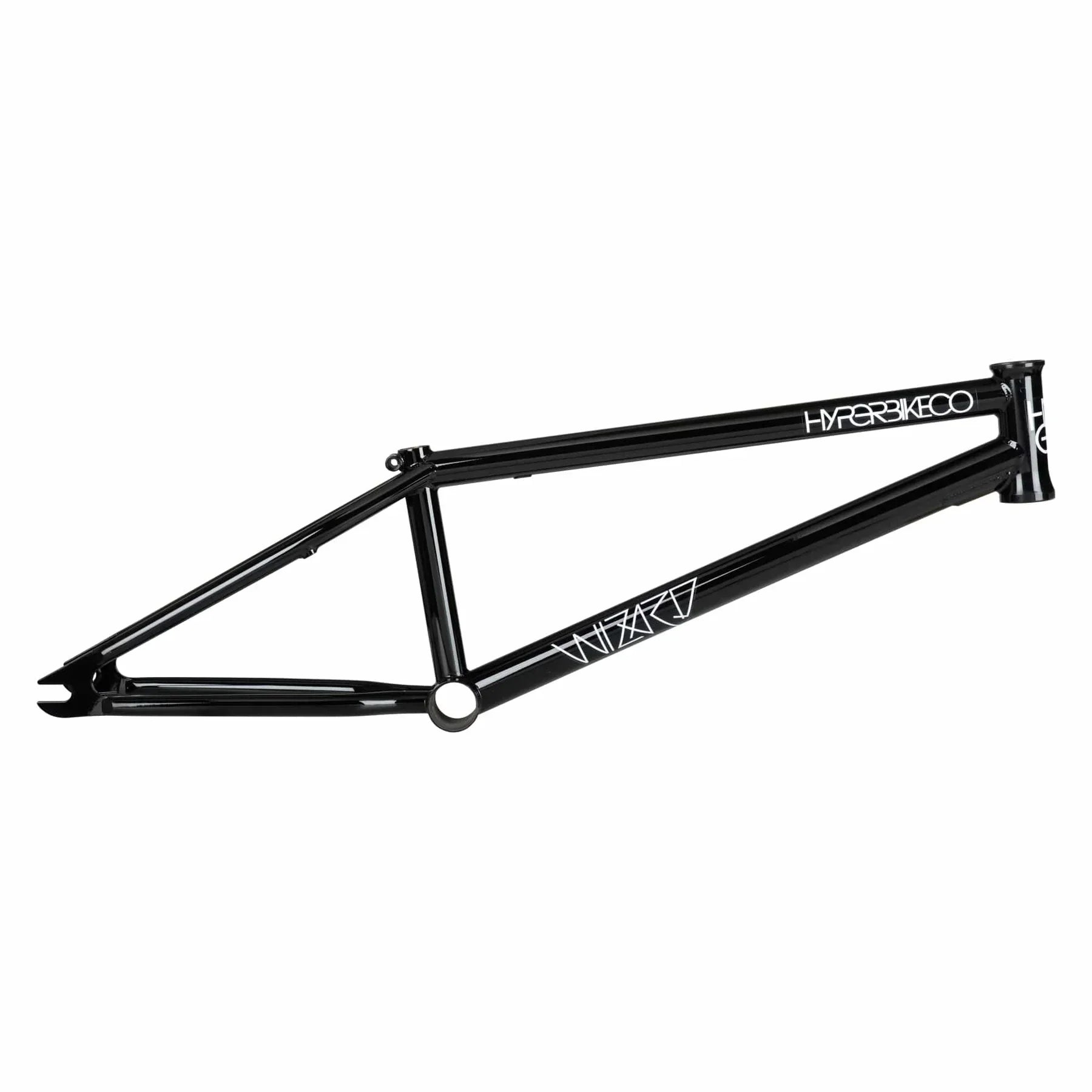 black BMX bike frame with white Hyper and Wizard graphics on white background