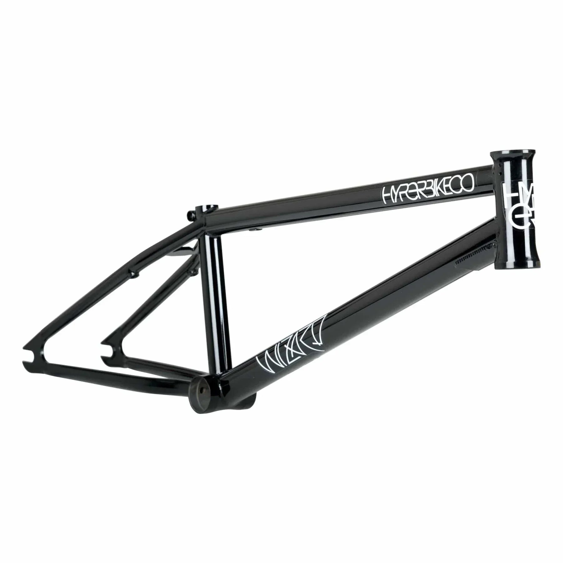 Black BMX bike frame with white graphics, isolated on white background