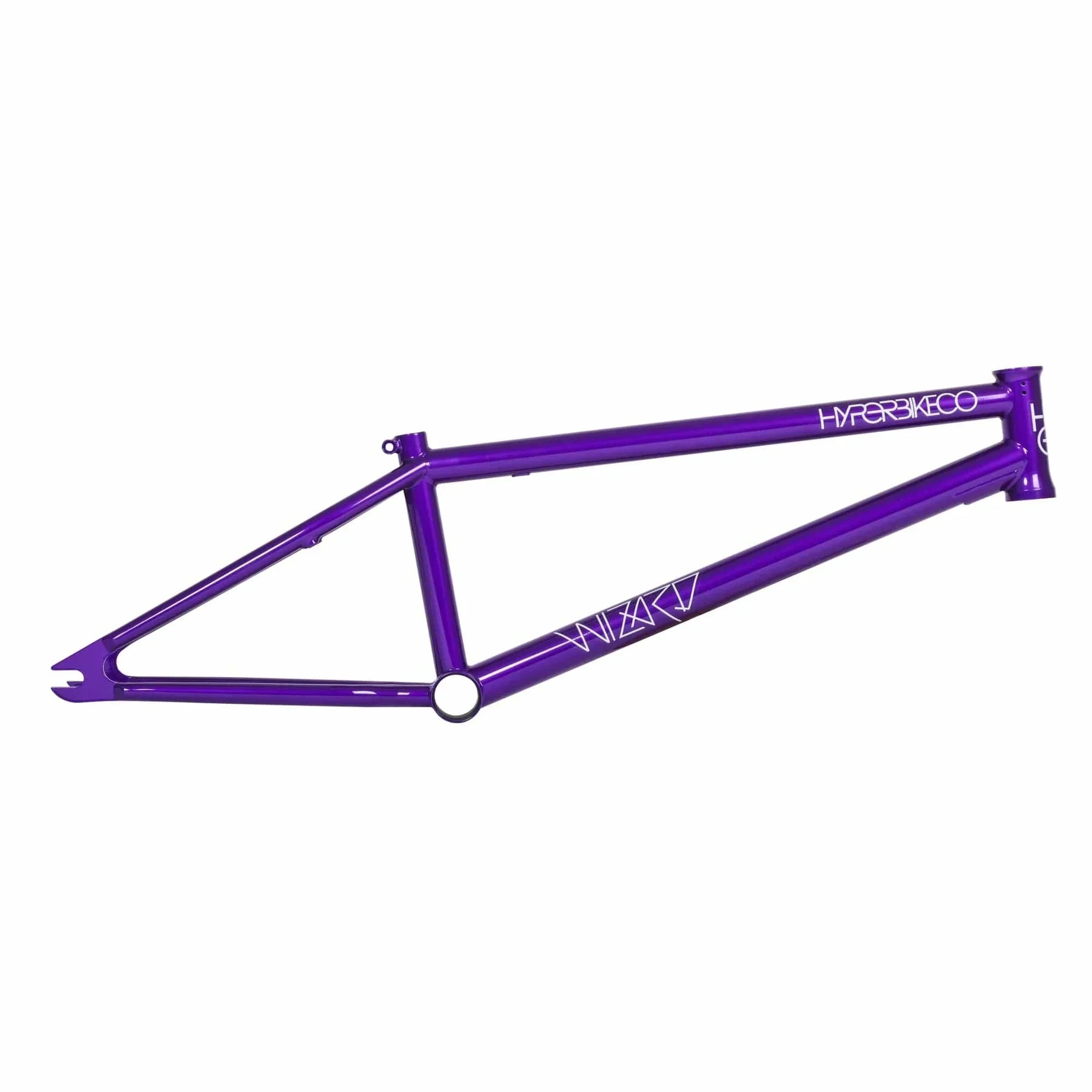 Imperial purple BMX bike frame with Hyper Bike Co and Wizard graphics on white background