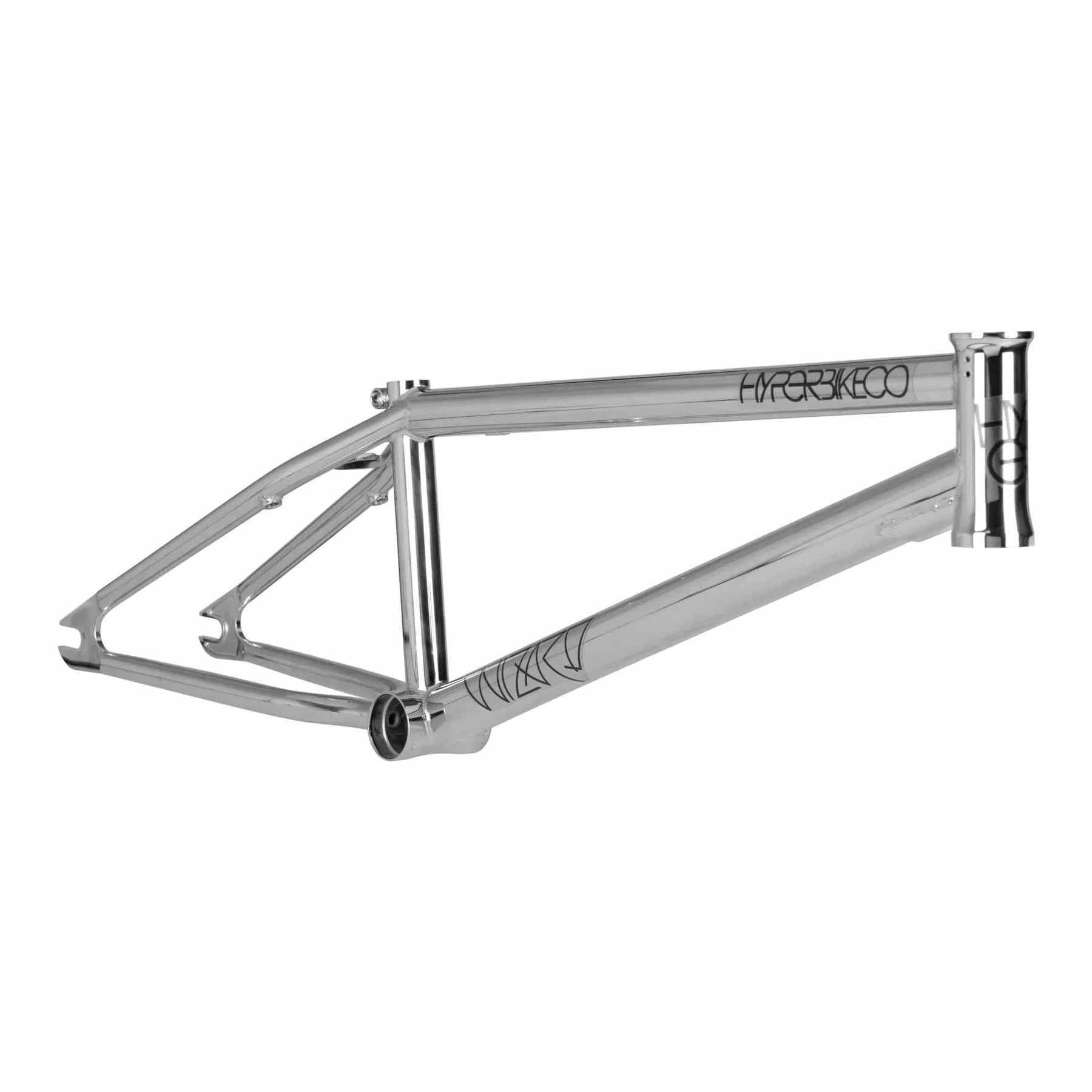 Chrome BMX bike frame with Hyper Bike Co branding, side view on white background