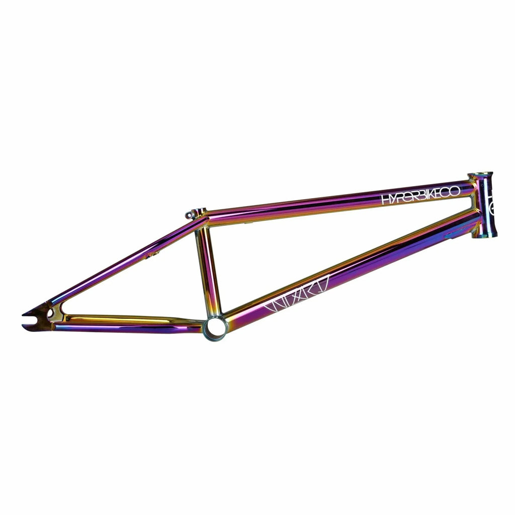 Colorful chrome BMX bike frame with white graphics on a plain white background