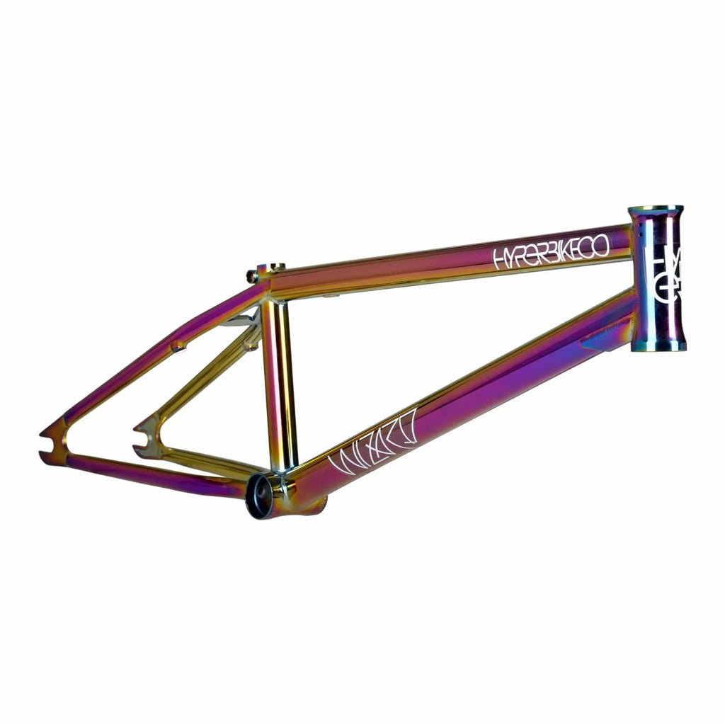 Oil slick BMX frame with white graphics, Hyper logo, and clean welds on white background