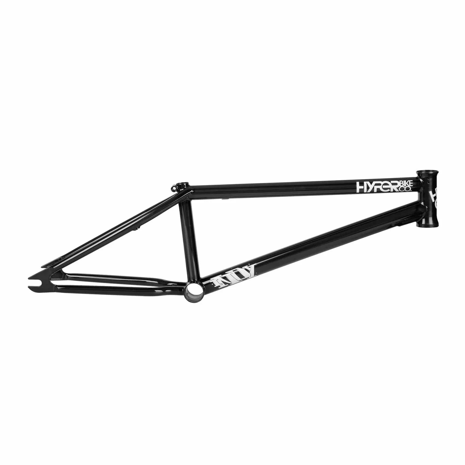 Black BMX bike frame with white decals, isolated on white background