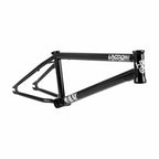Glossy black BMX bike frame with white logo graphics on a white background