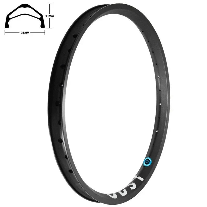 Jante BMX noire avec dimensions 35mm x 21mm, idéale pour vélo de freestyle