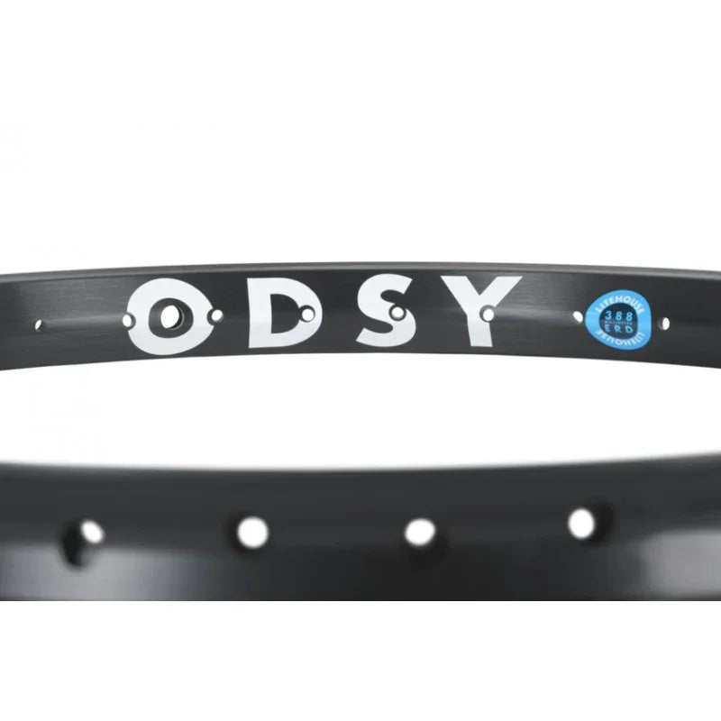 Jante BMX noire ODSY avec logo blanc et autocollant bleu, composant de vélo freestyle