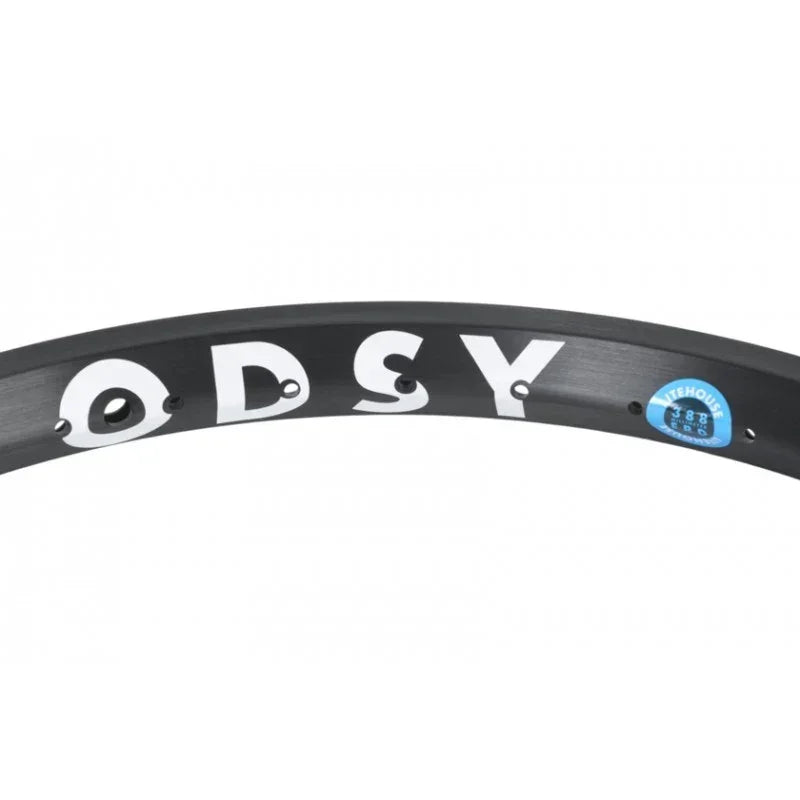 Jante BMX noire ODSY avec logo blanc et autocollant bleu, composant vélo freestyle