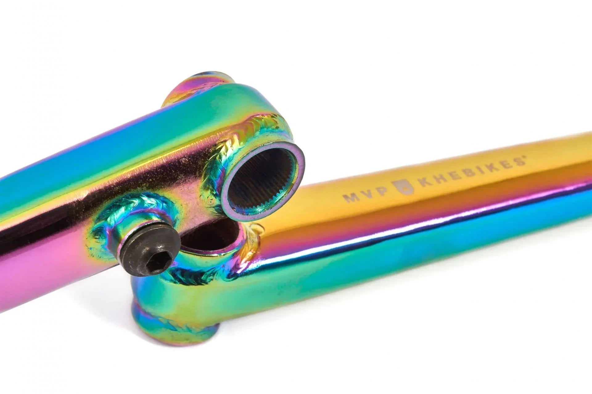 Guidon BMX iridescent multicolore avec finition holographique et logo MVP KHEBIKES