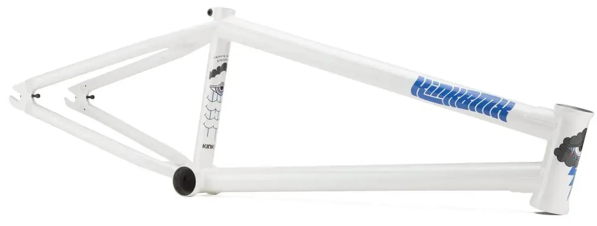 Cadre de BMX blanc avec graphismes bleus et détails artistiques, idéal pour freestyle et tricks.