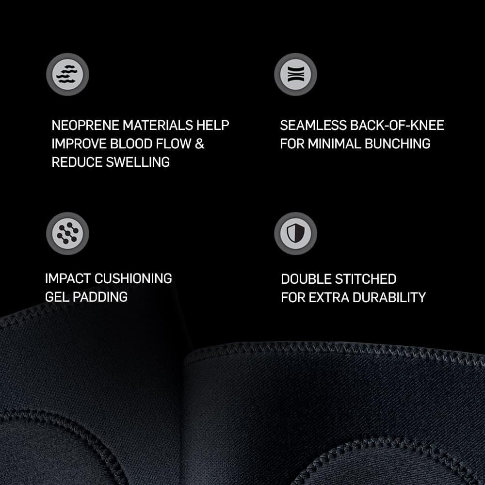 Black knee pad with neoprene material, gel padding, seamless design, and double stitching