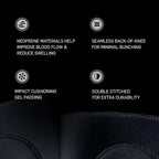 Black knee pad with neoprene material, gel padding, seamless design, and double stitching