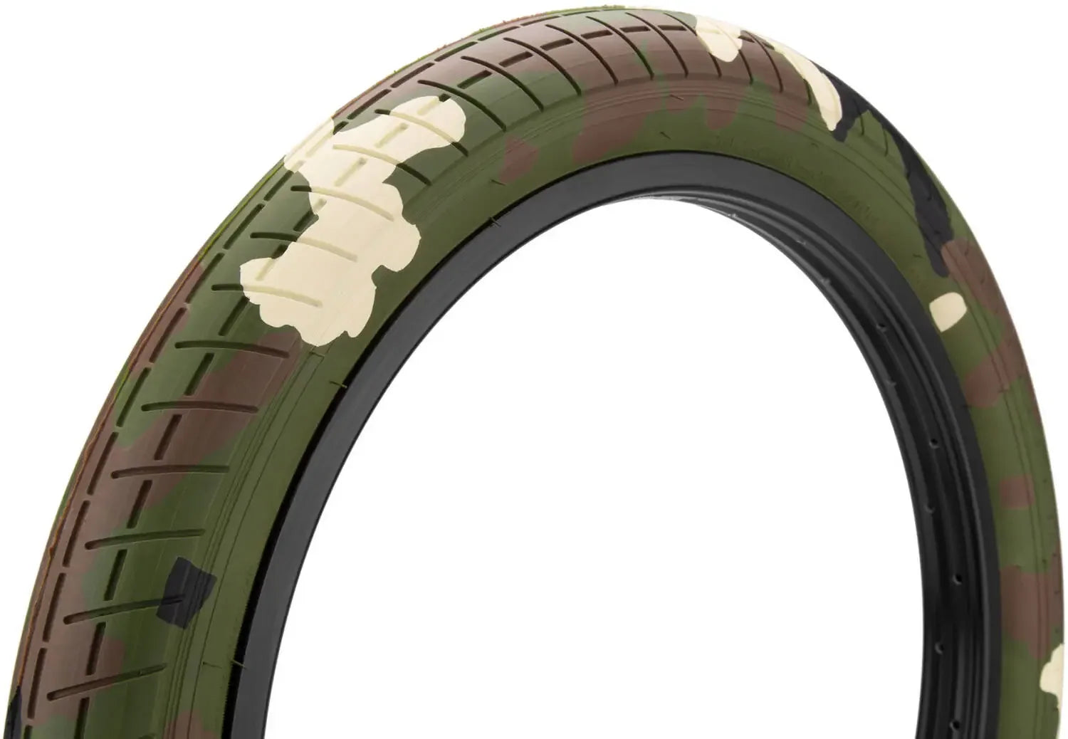 Camouflage pattern BMX tire with grooved tread, close up on white background
