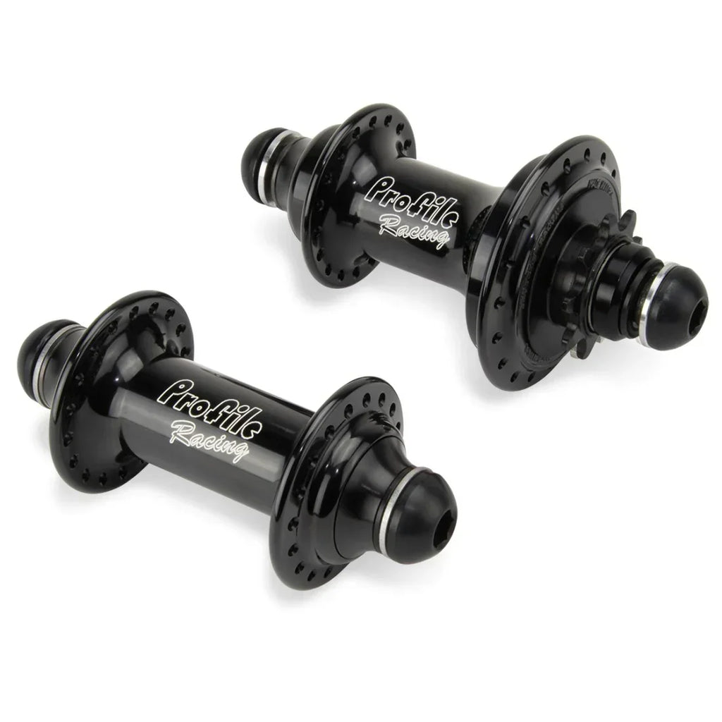 Moyeux BMX noirs Profile Racing pour vélo de course, design robuste et finition brillante