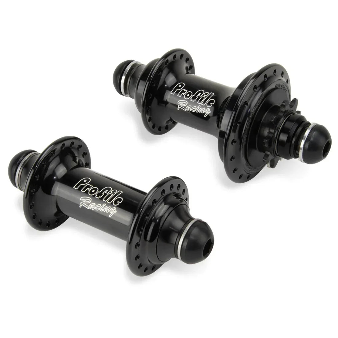 Moyeux BMX noirs Profile Racing pour vélo de course, design robuste et finition brillante