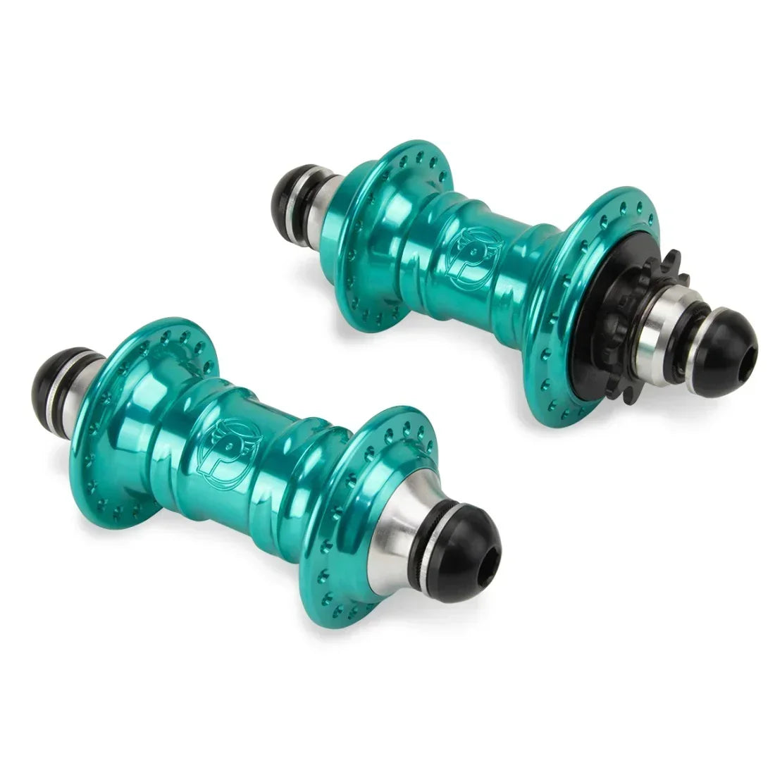 Moyeux BMX turquoise avec joints noirs et détails métalliques pour vélo de freestyle