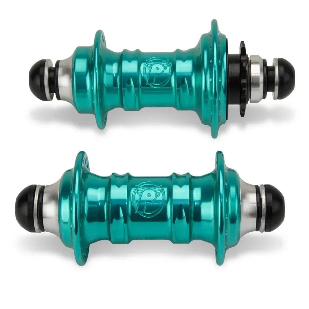 Moyeu de vélo BMX turquoise avec logo gravé, composant de roue robuste pour freestyle