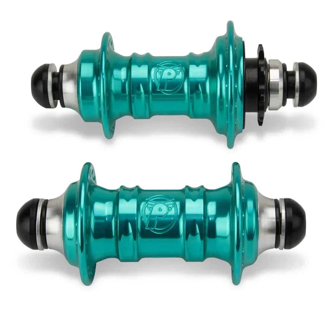 Moyeu de vélo BMX turquoise avec logo gravé, composant de roue robuste pour freestyle