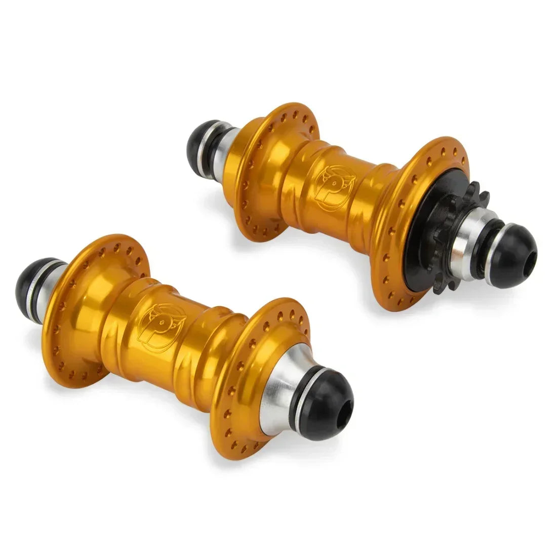 Paires de moyeux BMX dorés avec joints noirs et détails métalliques, pour vélo de freestyle