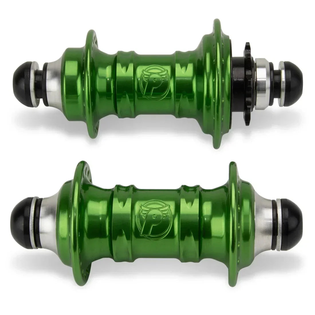 Paire de moyeux BMX verts pour vélo, design robuste et finition métallique