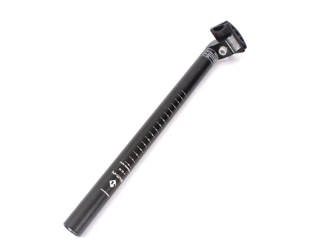 Black 25.4mm x 350mm mountain bike seatpost with measurement markings on white background