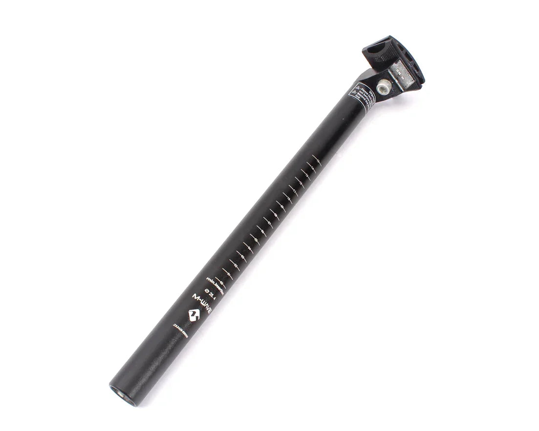 Black 25.4mm x 350mm mountain bike seatpost with measurement markings on white background