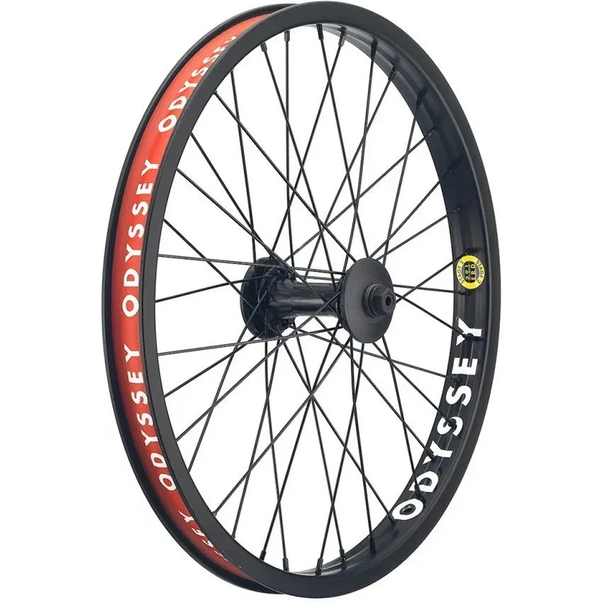 Roue BMX Odyssey noire avec jante rouge et rayons noirs, design robuste pour freestyle