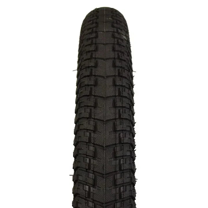 20 x 2.125 BMX bike tire with textured tread pattern, black rubber, front view