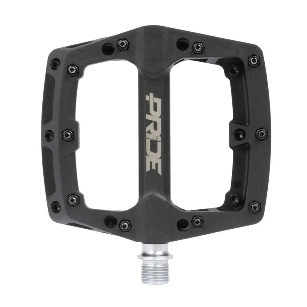 Pédale BMX noire avec logo PRIDE, design robuste et visibles pour performance et contrôle