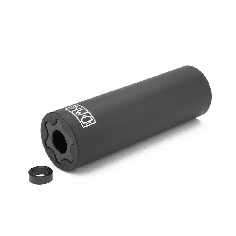 Peg BMX noire avec logo blanc et anneau de fixation, accessoire vélo tout terrain